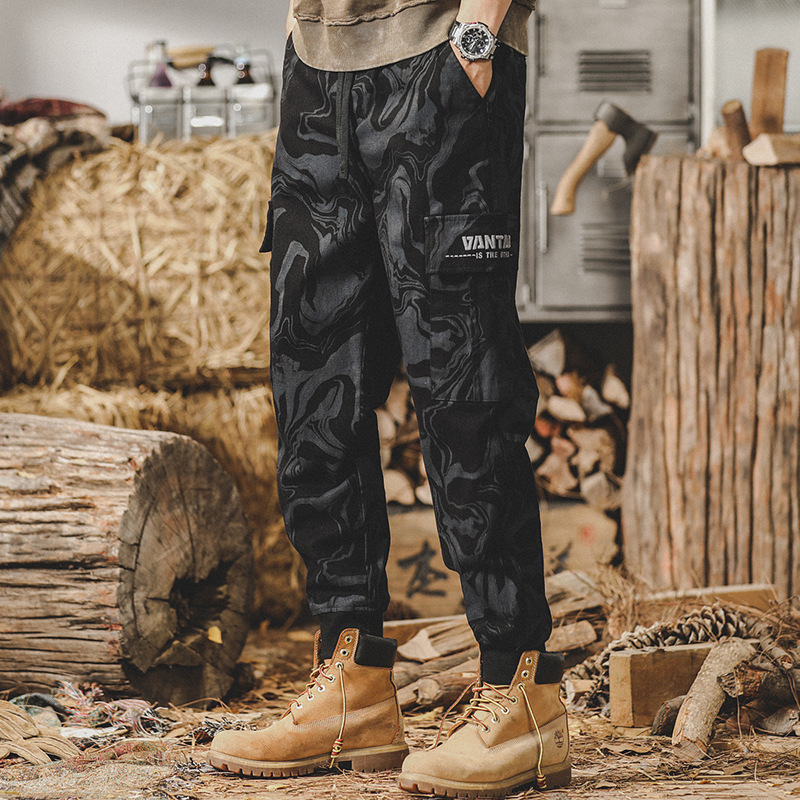 美式迷彩工裝褲子男冬季加厚寬鬆大碼男士休閒褲加絨闊腿束腳褲男