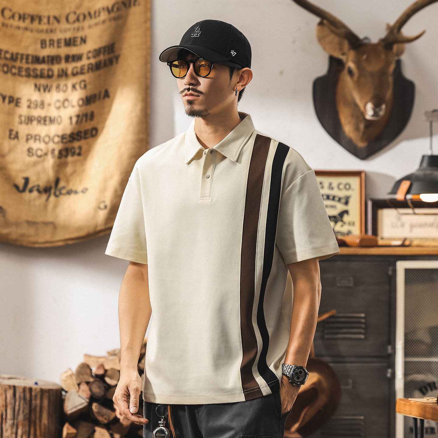 美式潮牌重磅POLO衫男夏季新款撞色條紋短袖t恤寬鬆潮牌翻領體恤