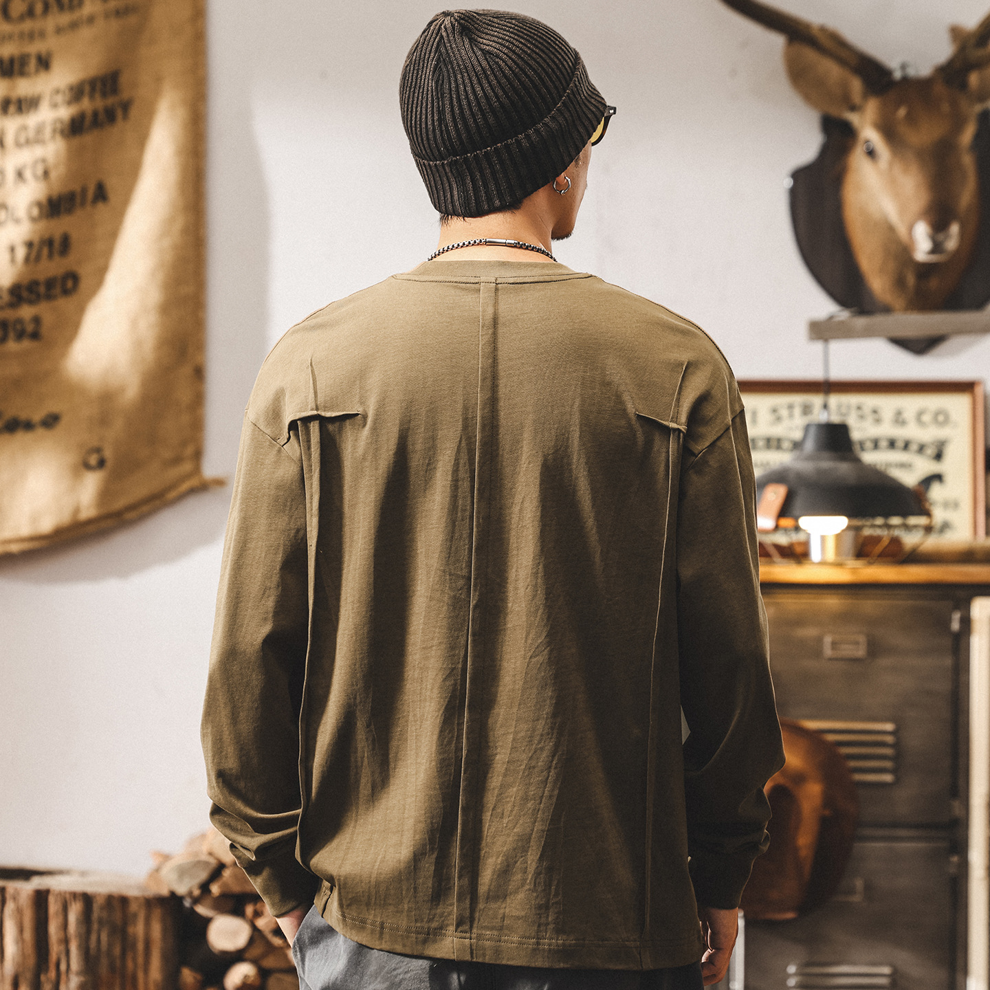 美式復古重磅長袖t恤男秋季新款設計感潮流拼接寬鬆休閒男士上衣