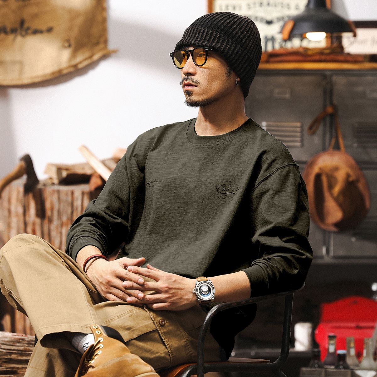 竹節棉長袖T恤男春季寬鬆2025新款美式復古潮牌寬鬆簡約休閒上衣