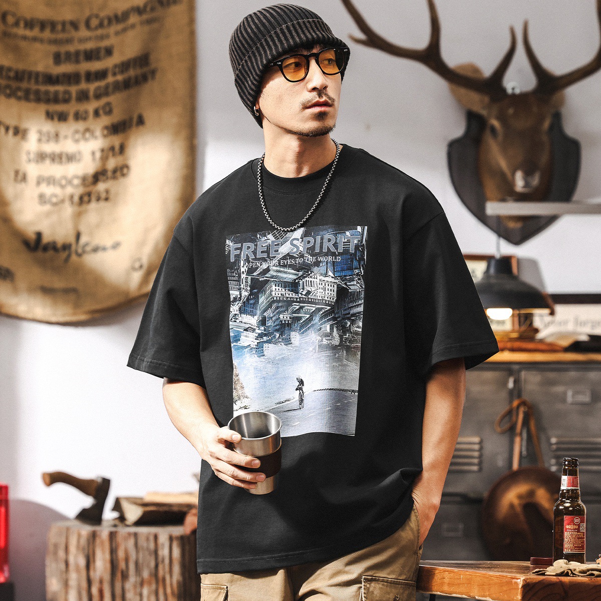 300g重磅T恤男短袖夏季2025新款潮流白墨直噴印花半袖上衣男