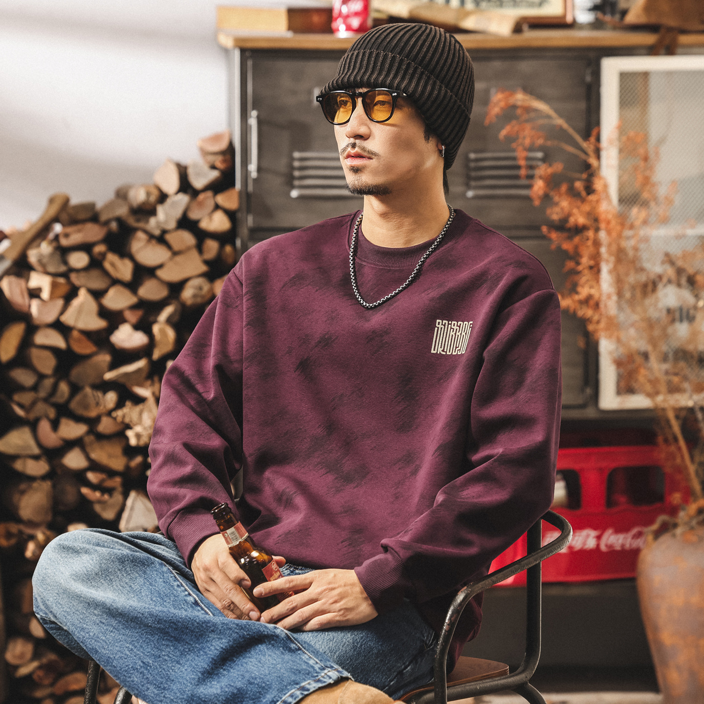 美式復古紫色重磅衛衣男春秋新款圓領寬鬆潮流休閒長袖秋季上衣男