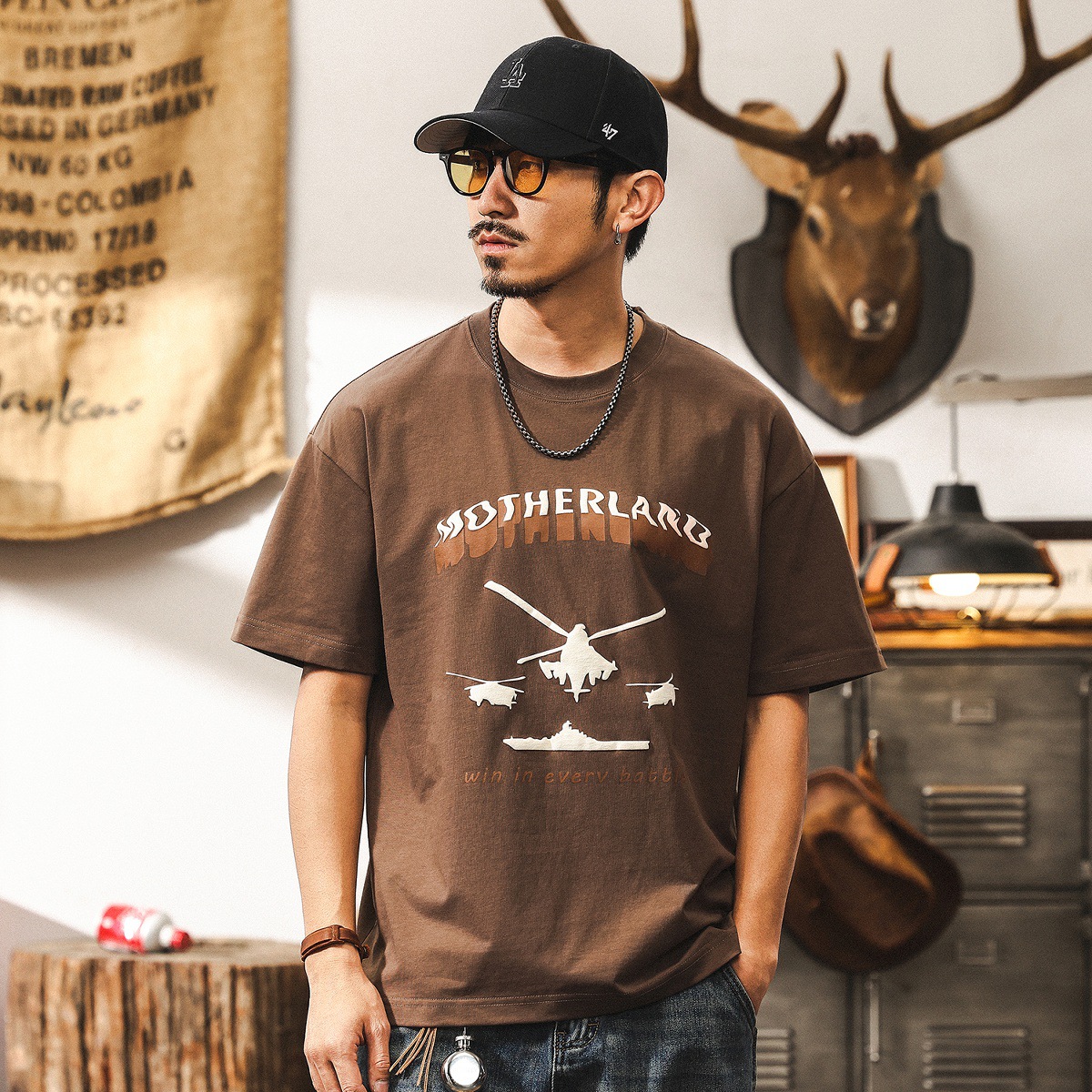 美式復古科技涼感棉男士T恤夏季短袖2025新款潮牌寬鬆印花上衣男