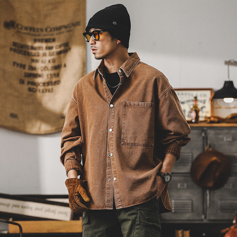 美式重磅長袖襯衫男寬鬆潮牌痞帥硬漢工裝夾克復古春季牛仔外套男