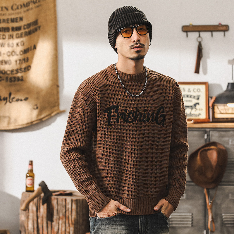 美式復古粗針菠蘿紋毛衣男冬季加厚潮牌重磅休閒針織衫秋冬款外套