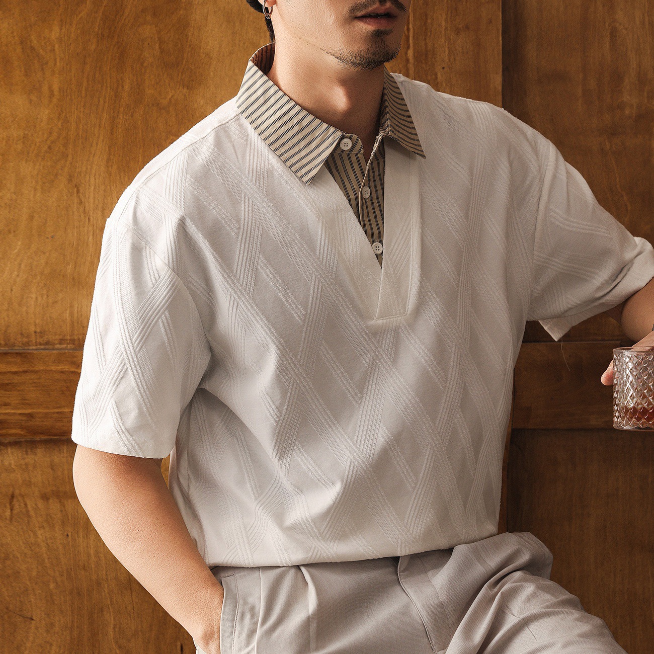 美式復古襯衫領假兩件短袖POLO衫男夏季潮流輕奢提花寬鬆男士T恤