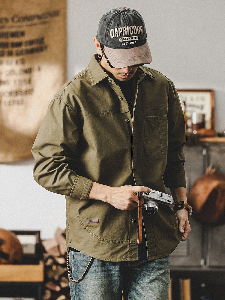 美式復古工裝長袖襯衫男寬鬆潮牌2024新款男士上衣春季襯衣外套男