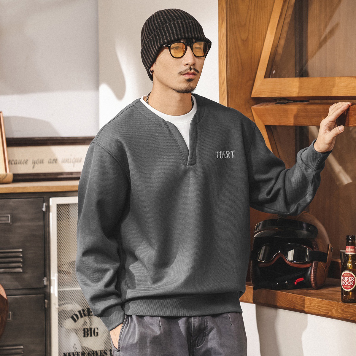 美式復古假兩件衛衣男春秋新款350重磅長袖T恤男寬鬆潮流紫色上衣