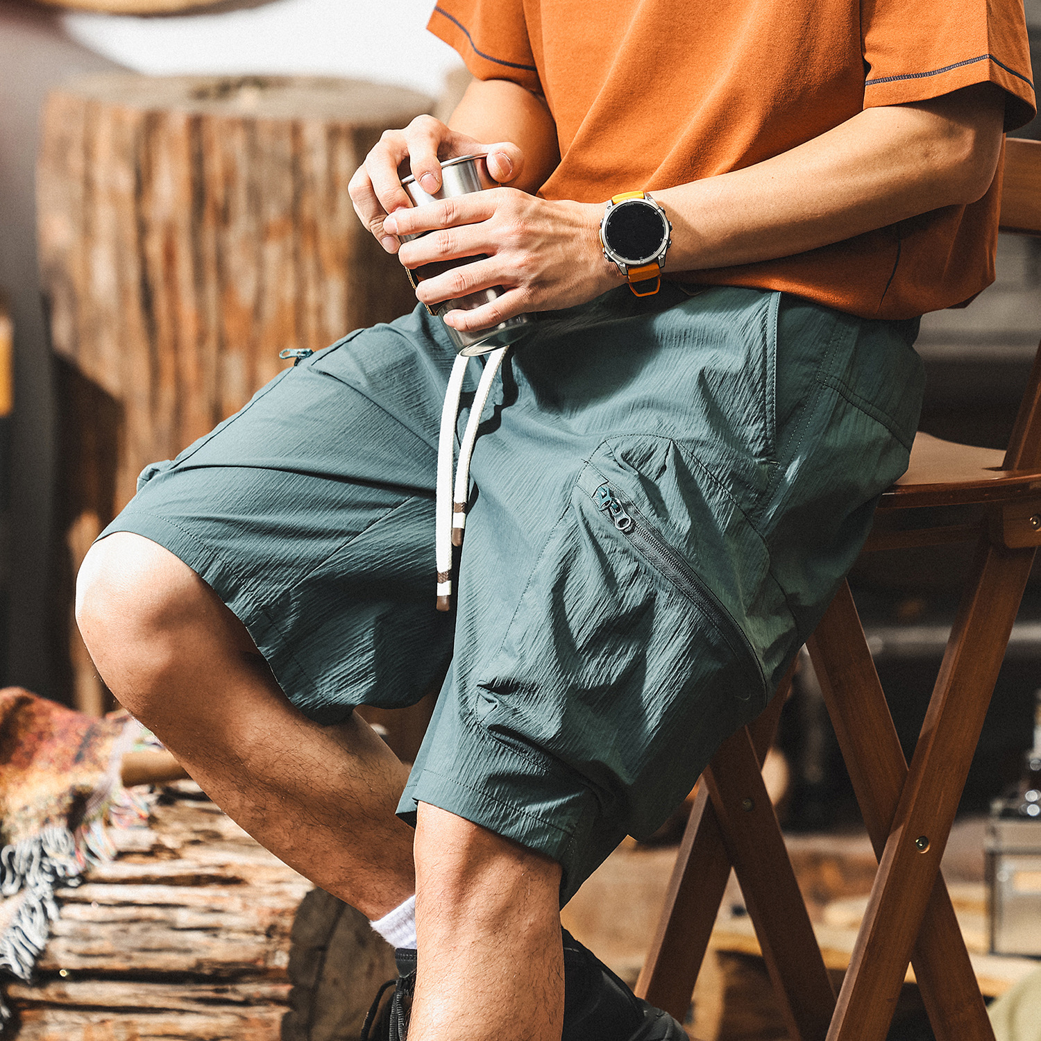 美式復古冰絲涼感薄款工裝短褲男夏季戶外機能休閒寬鬆直筒五分褲