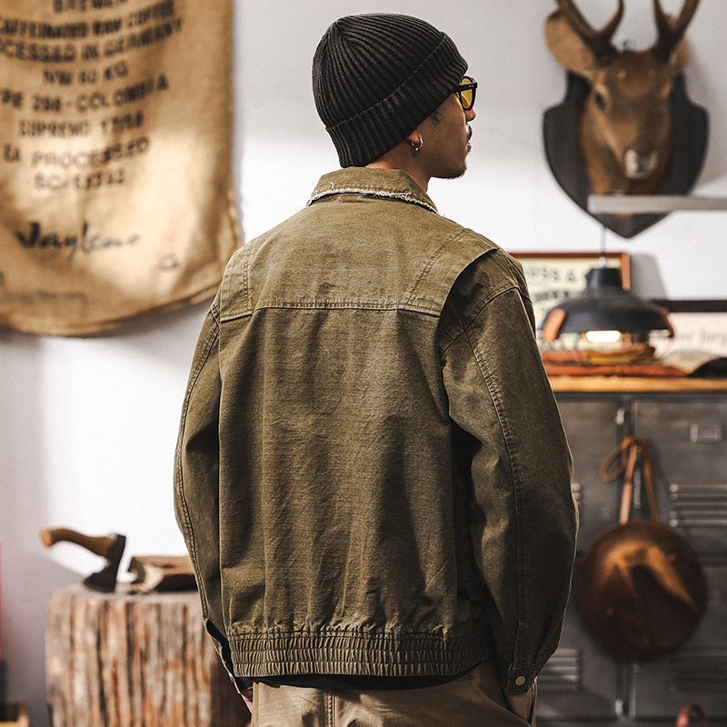 美式復古水洗磨損做舊工裝夾克男秋季新款潮牌阿美咔嘰外套男春秋