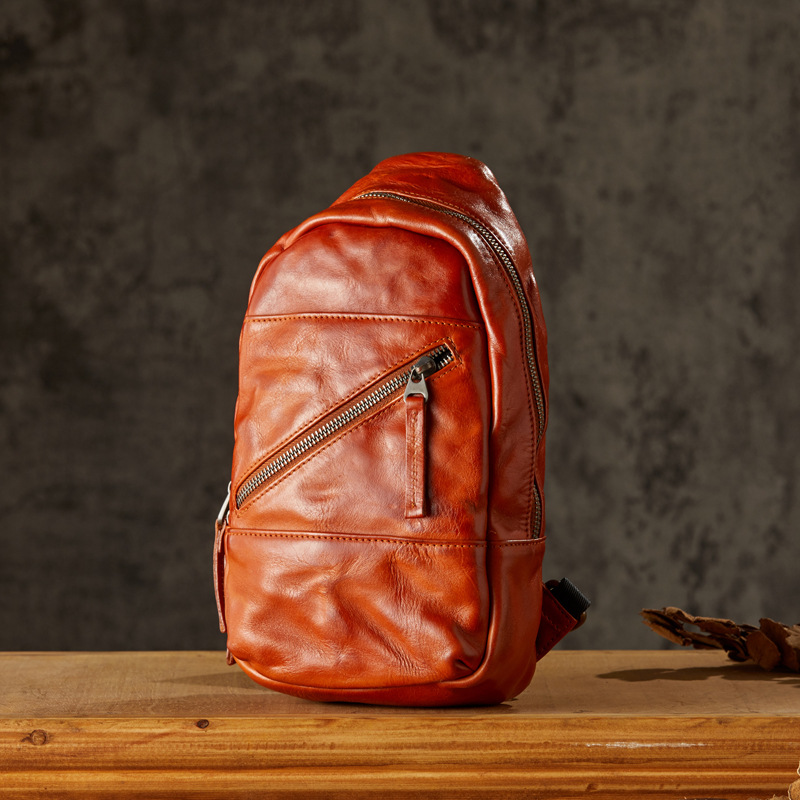 手工植鞣牛皮胸包男士戶外休閒單肩斜挎包個性百搭多功能真皮男包