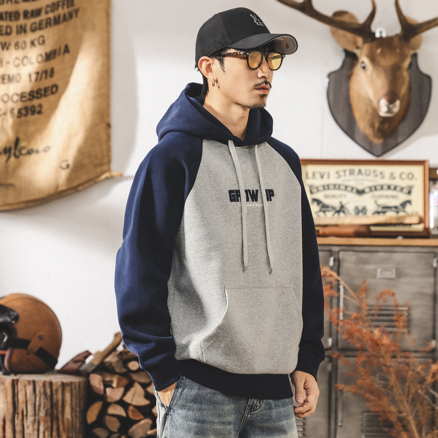 美式復古390g重磅衛衣男連帽刺繡山系潮牌拼接寬鬆休閒秋冬外套男