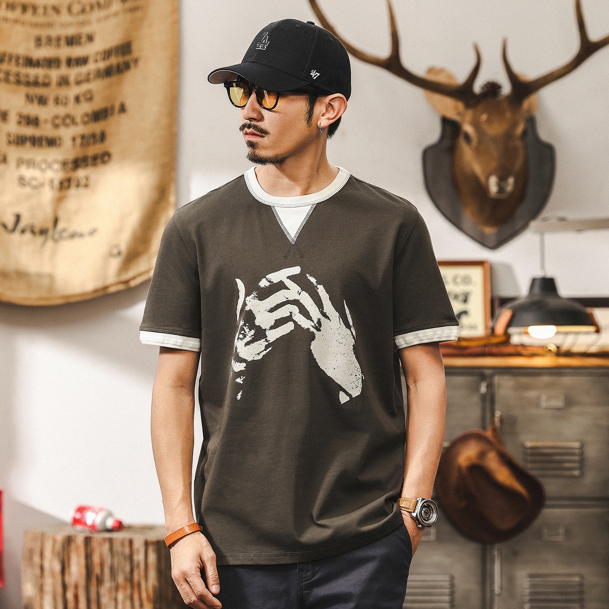 美式復古假兩件重磅T恤男短袖2025新款夏季寬鬆男士上衣衣服