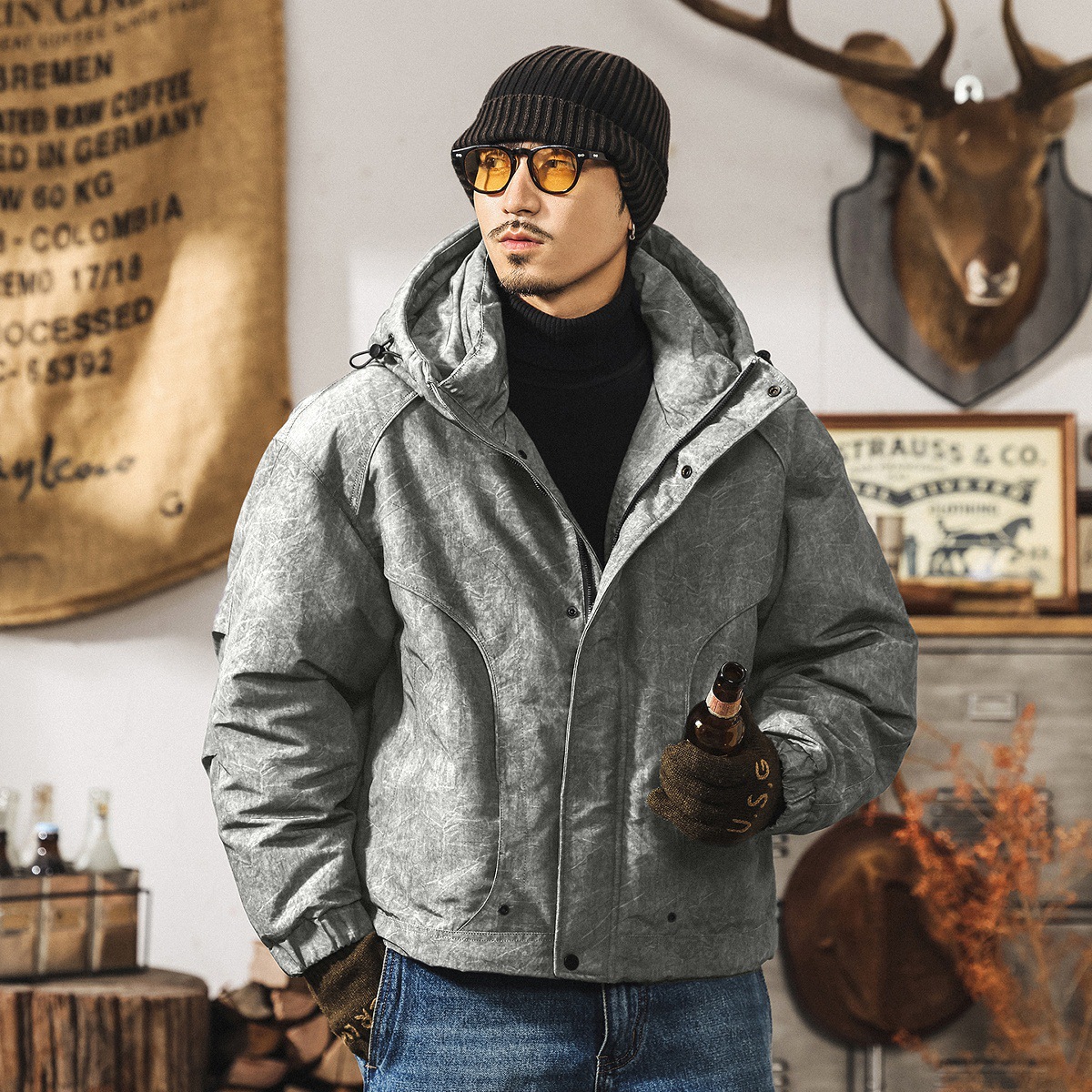 美式復古高充絨蓬鬆連帽羽絨服男冬季加厚新款潮流保暖抗寒外套男