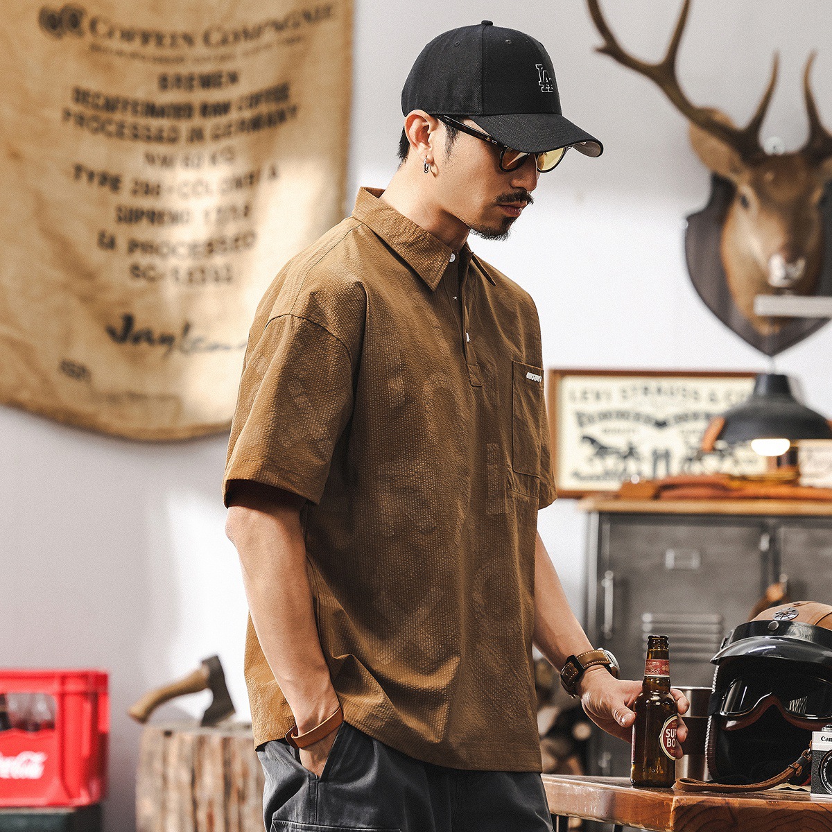 美拉德復古肌理感polo衫男夏季2025新款潮牌寬鬆短袖T恤男士上衣