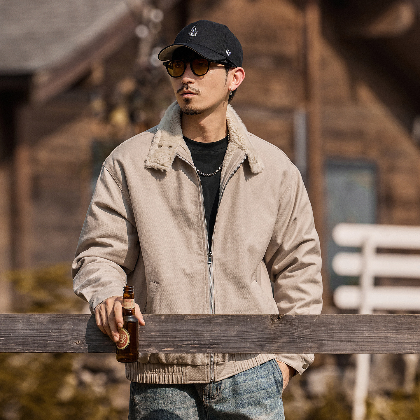 美式復古軟糯仿兔絨加厚棉服外套男冬季保暖毛領加絨棉襖男士棉衣