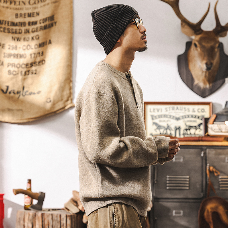 美式復古630g重磅毛衫男冬季亨利領毛衣加厚針織衫外套秋冬款毛衣