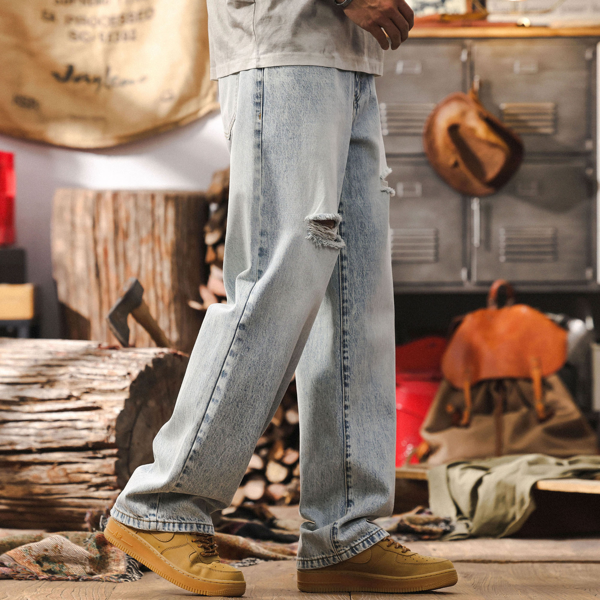 美式復古石青色破洞牛仔褲男春季潮牌寬鬆直筒男士磨白水洗休閒褲