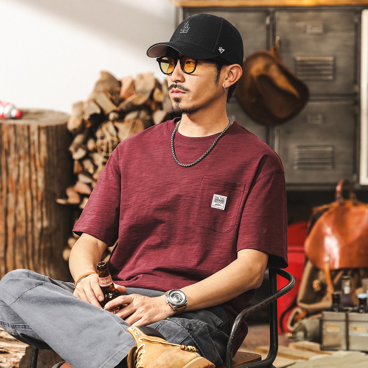 美式重磅復古竹節棉透氣T恤男夏季男士短袖衣服男裝涼感體恤