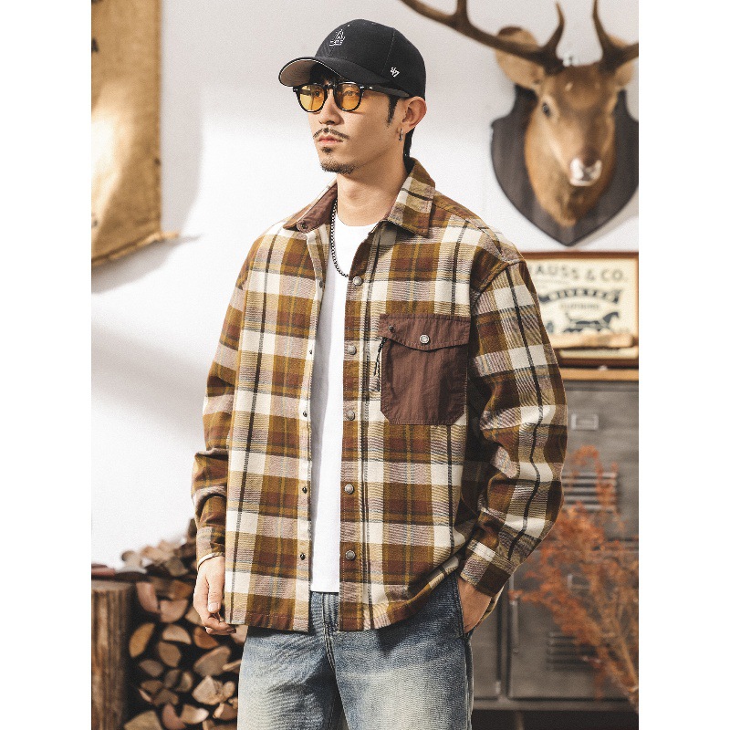 美式重磅復古格子襯衫男長袖秋季磨毛寬鬆潮牌工裝襯衣外套男春秋