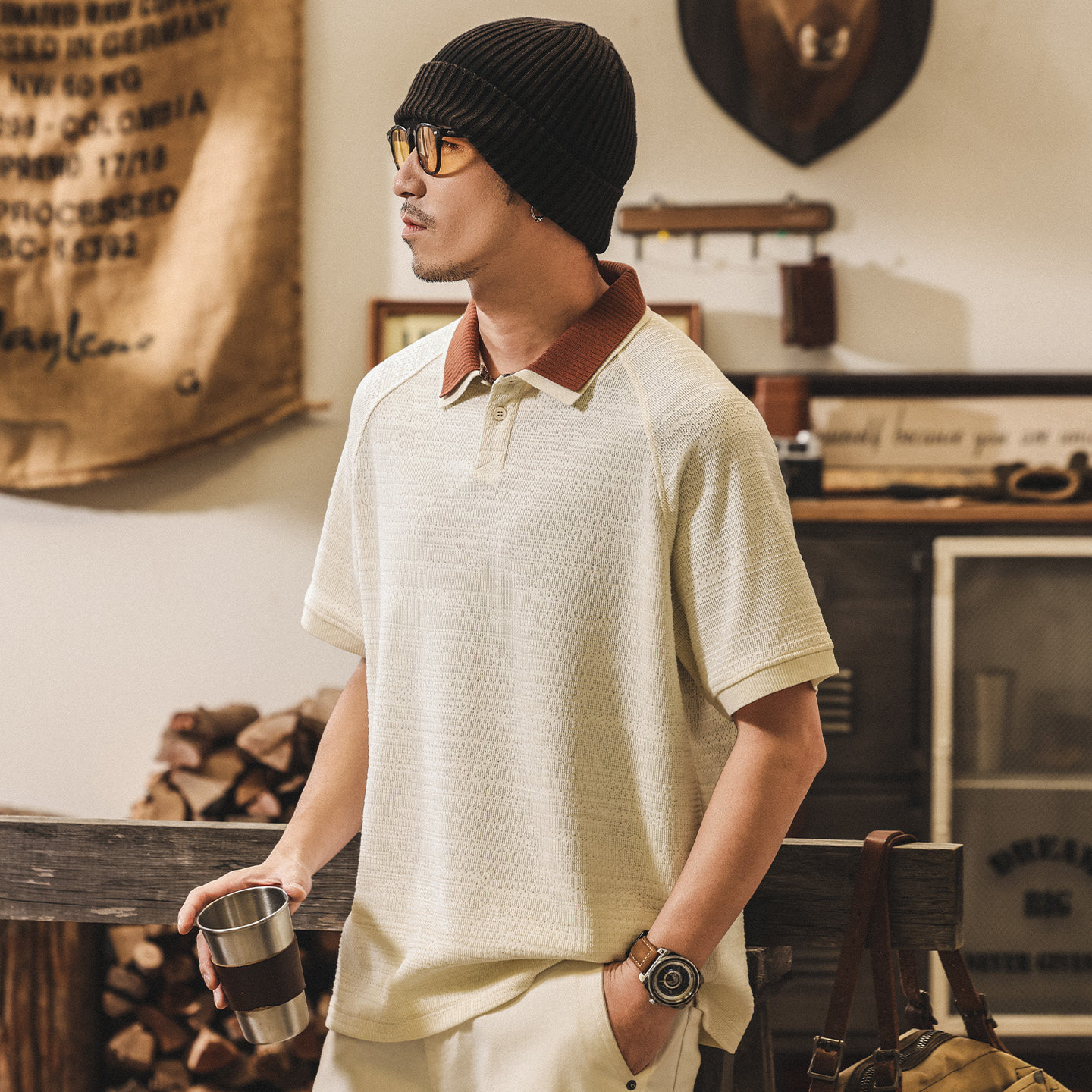 美式復古針織提花Polo衫短袖男夏季潮牌休閒假兩件T恤男寬鬆上衣