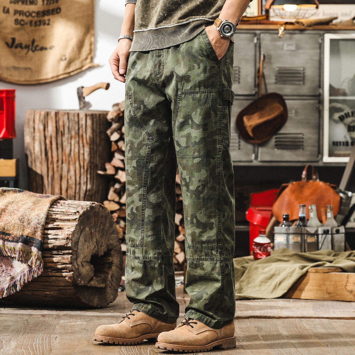 美式復古軍綠色工裝褲子男款夏季潮牌戰術軍事迷彩寬鬆直筒休閒褲