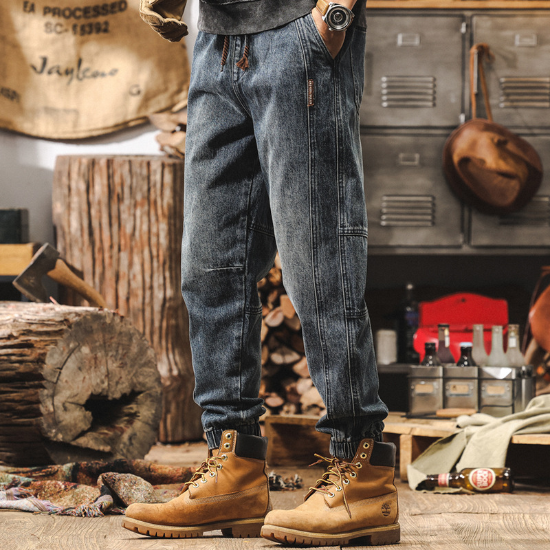 美式復古牛仔褲男秋季休閒束腳2024新款潮流石磨水洗男士秋冬褲子