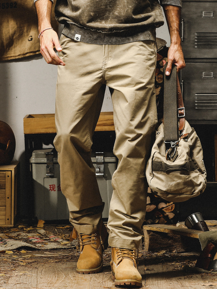 傑雷諾美式復古軍綠休閒褲男春秋款潮牌寬鬆直筒重磅硬挺工裝褲子