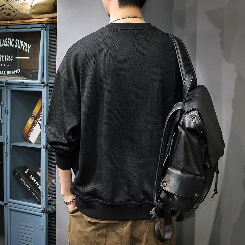 秋冬新款重磅提花衛衣男美式復古寬鬆大碼打底衫加絨拼接圓領上衣