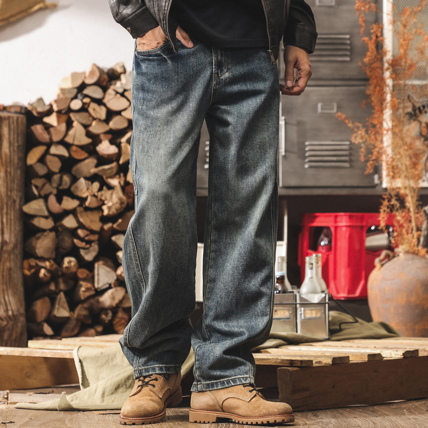 美式復古水洗彎刀牛仔褲男直筒2025新款潮流男士褲子寬鬆休閒長褲