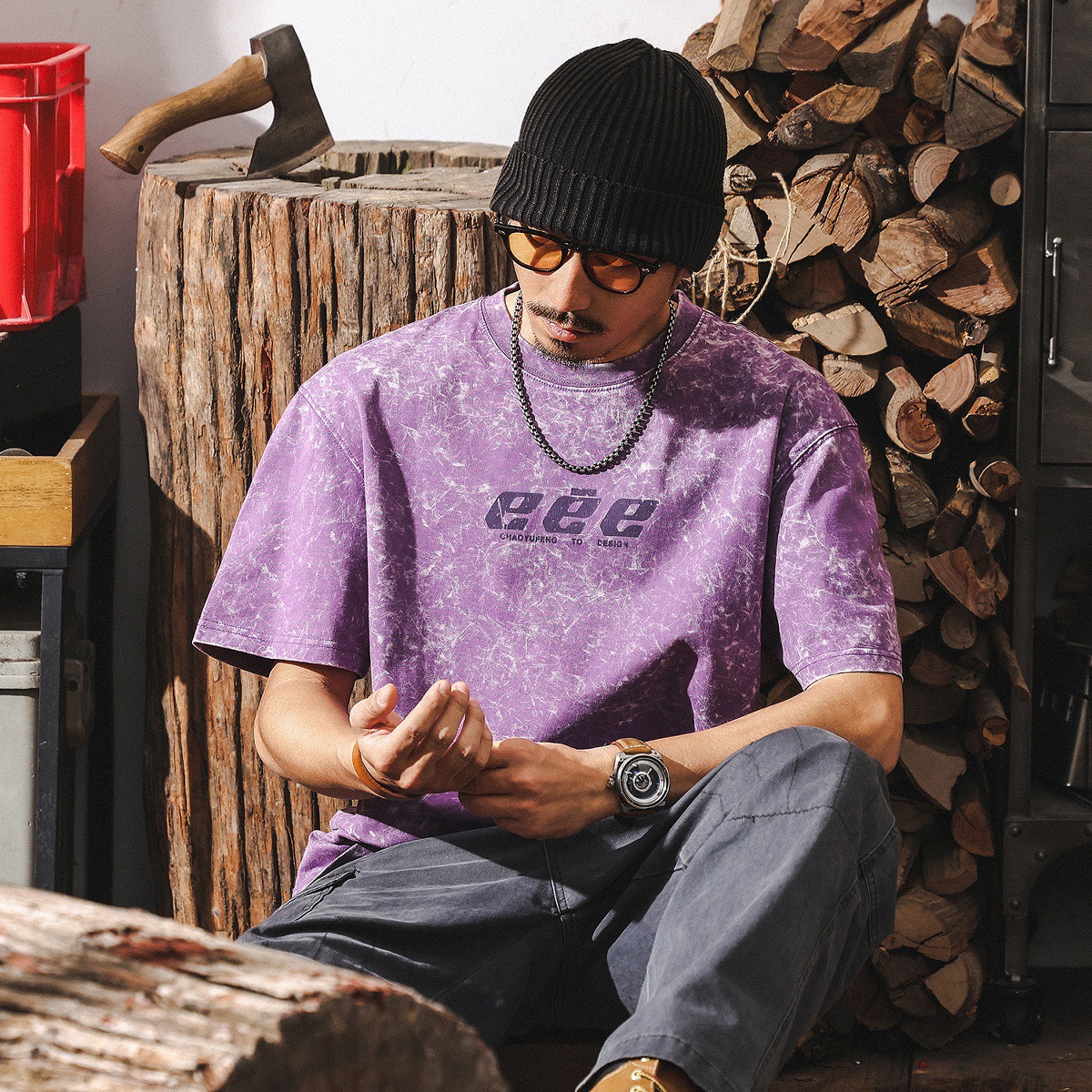 美式復古雪花做舊水洗T恤男夏季短袖2025新款潮牌寬鬆上衣男