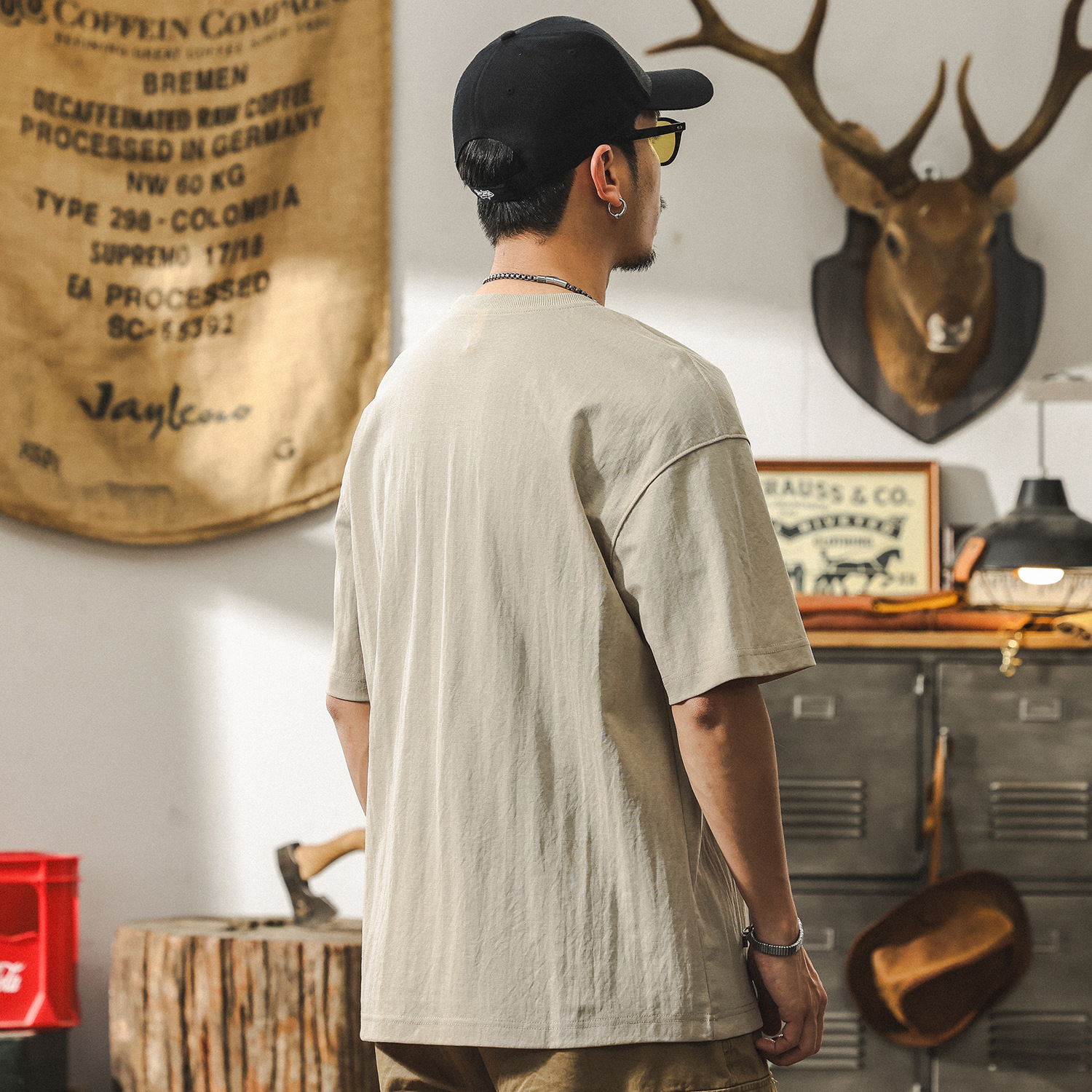 國潮熊貓短袖男款夏季美式復古亞麻薄款T恤潮牌寬鬆大碼男士上衣