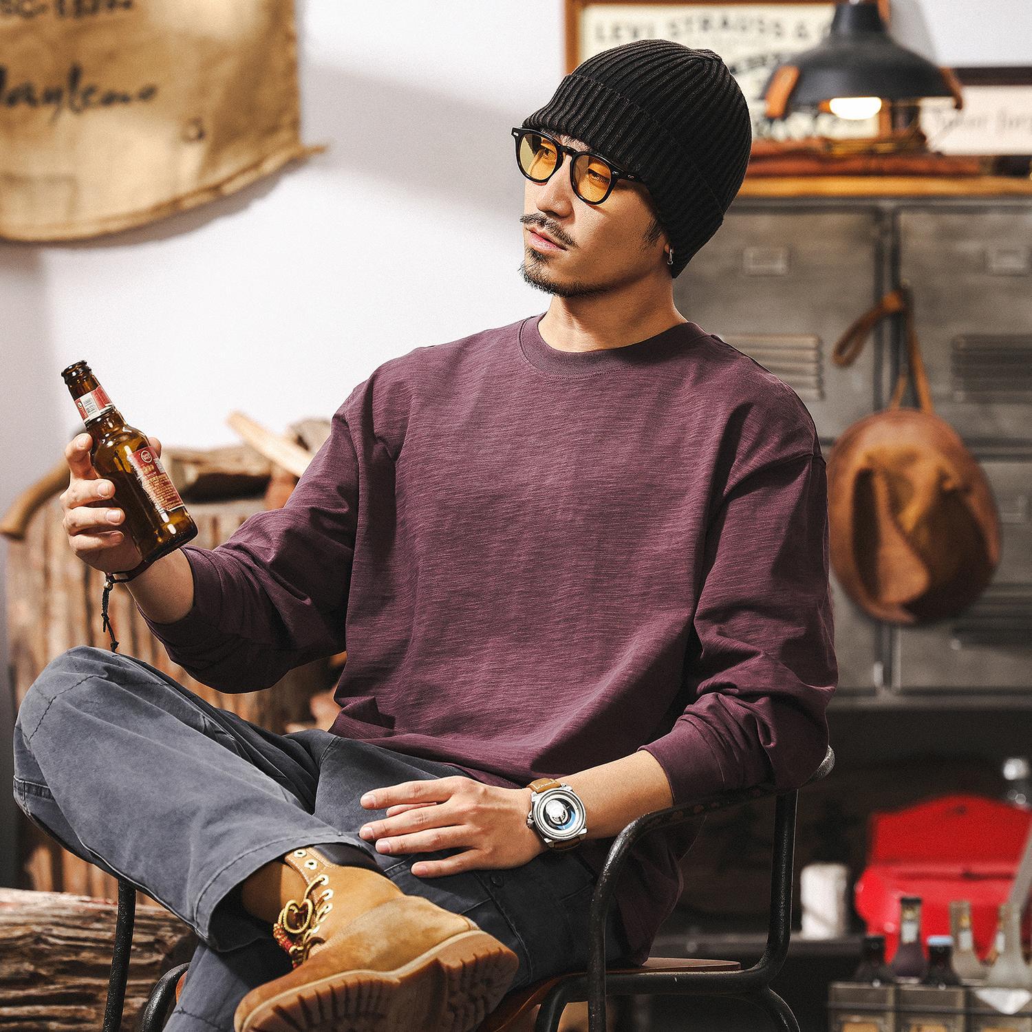 竹節肌理T恤男長袖春秋季2025新款多巴胺紫色寬鬆簡約男士上衣T潮