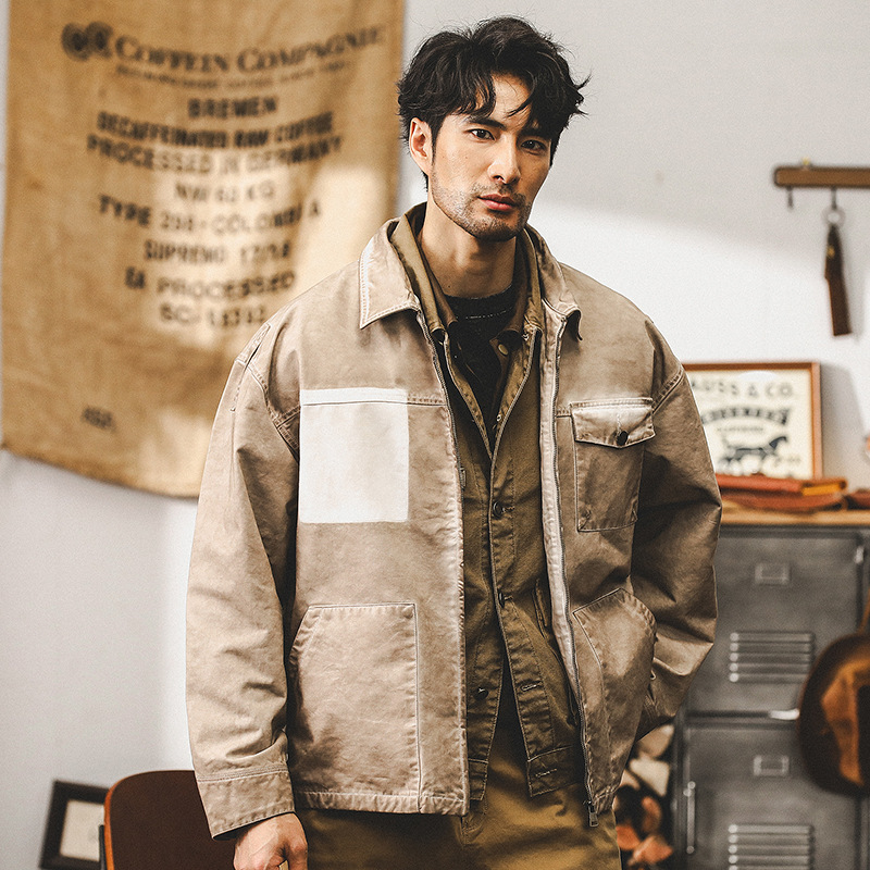 美式經典重磅翻領夾克男春秋潮牌複古做舊髒洗休閑工裝外套男