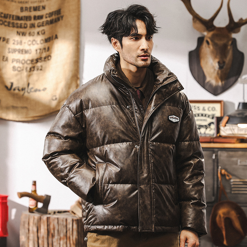 新國標90白鴨絨PU皮羽絨服男冬季加厚美式潮牌面包服男款皮衣外套