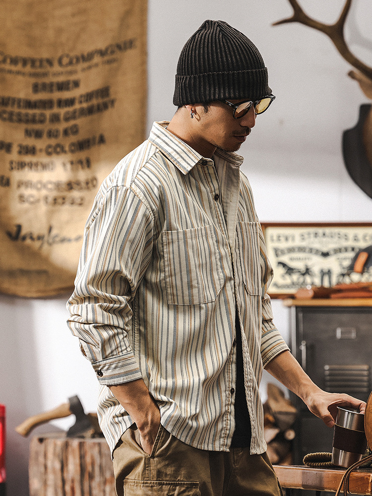 美式復古重磅條紋襯衫男長袖春季2025新款潮牌寬鬆休閒襯衣男外套