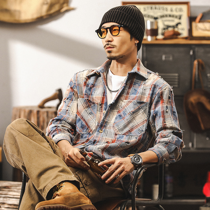 美式重磅復古色織格子襯衫男秋季潮牌破洞設計感寬鬆痞帥襯衣外套