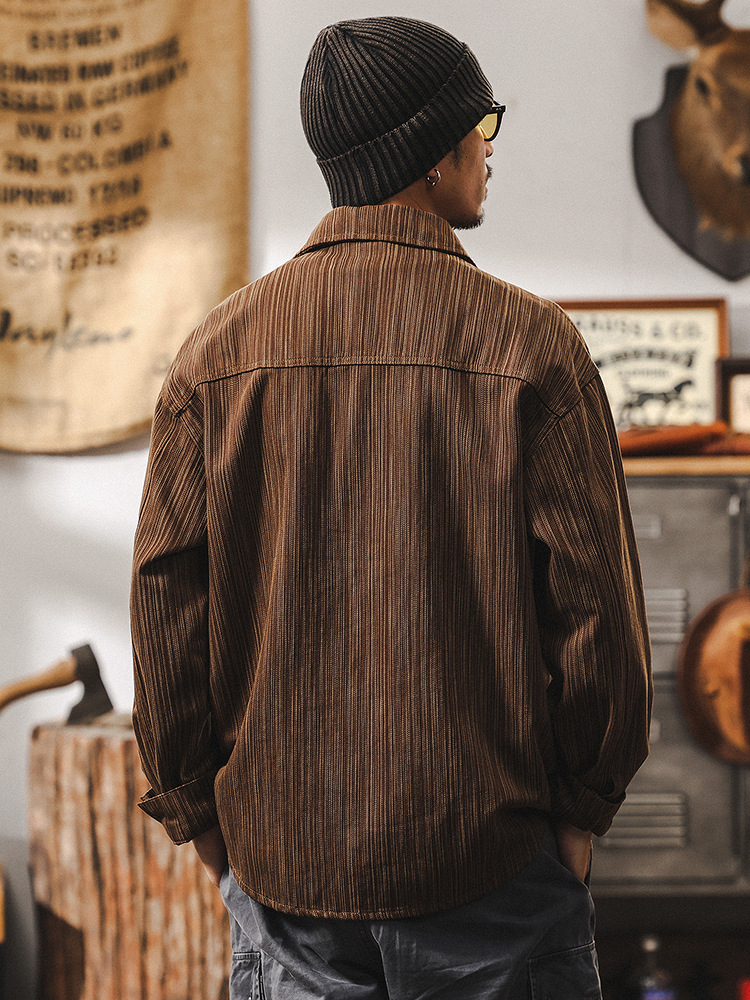 美式復古竹節紋肌理感襯衫男春季寬鬆潮牌2025新款休閒長袖襯衣男