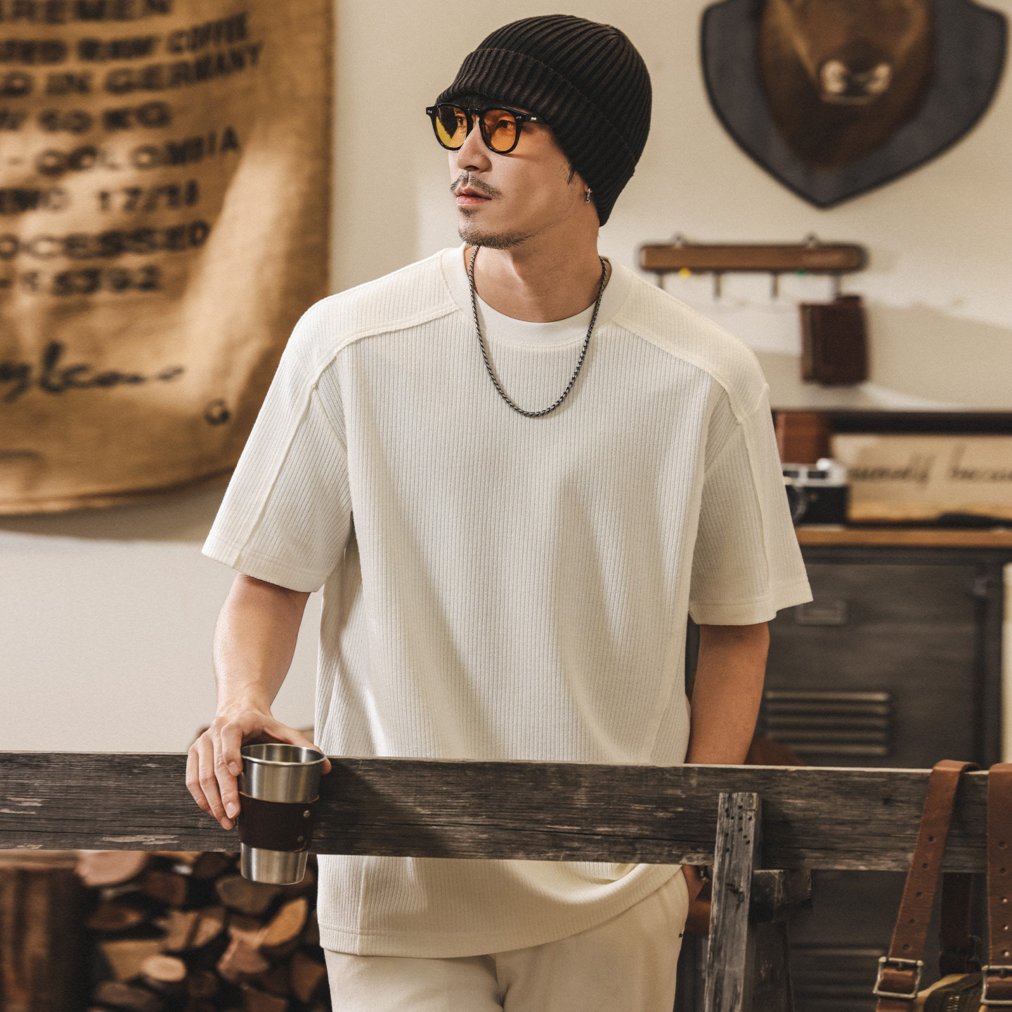 美式復古針織條紋短袖T恤男士夏季新款簡約潮牌肌理寬鬆男士上衣