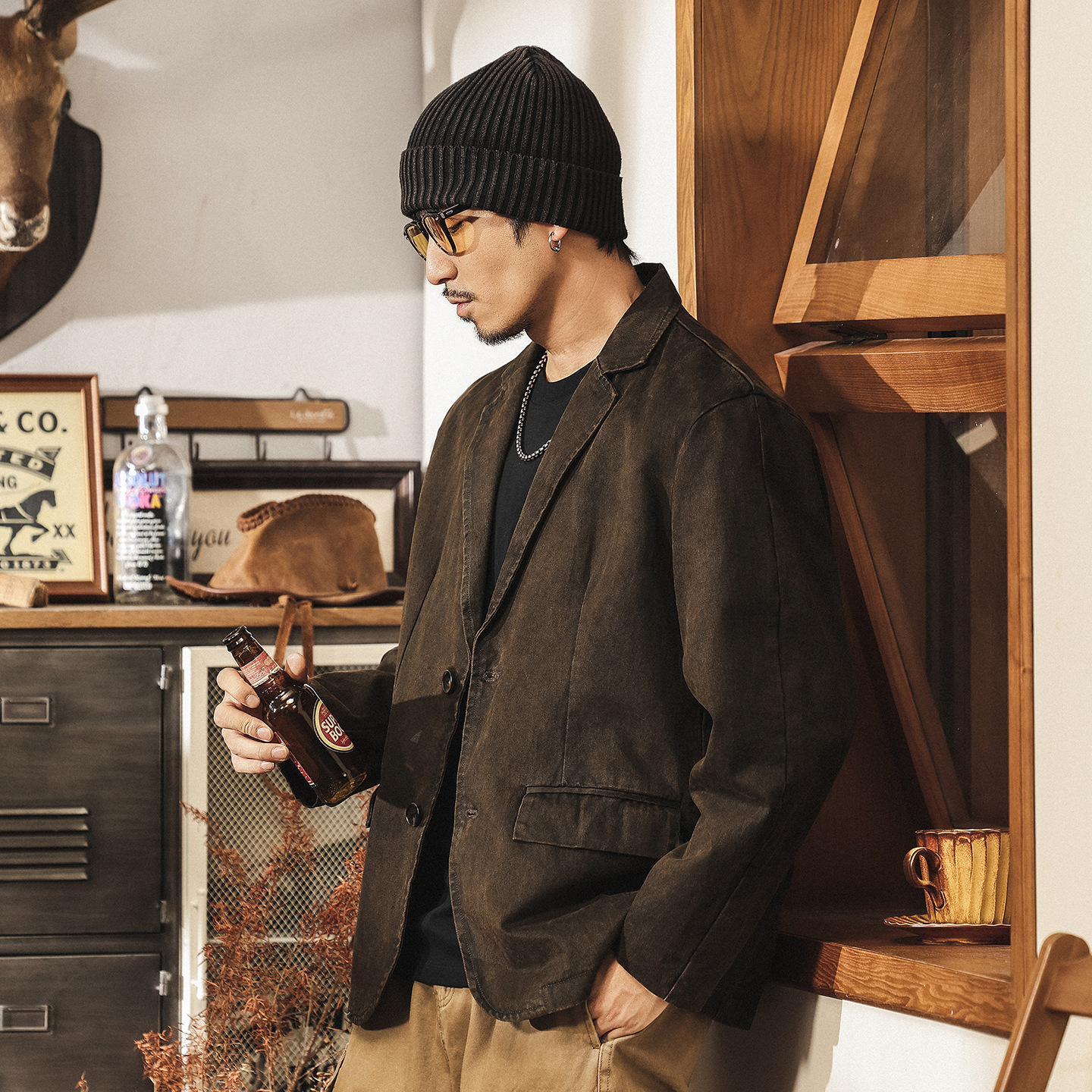 美式復古休閒西裝外套男春秋潮牌做舊阿美咔嘰美拉德工裝夾克西服