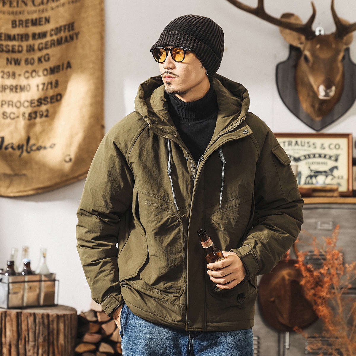 美式復古90%鴨絨工裝羽絨服男冬季潮牌戶外山地獵裝防水連帽外套