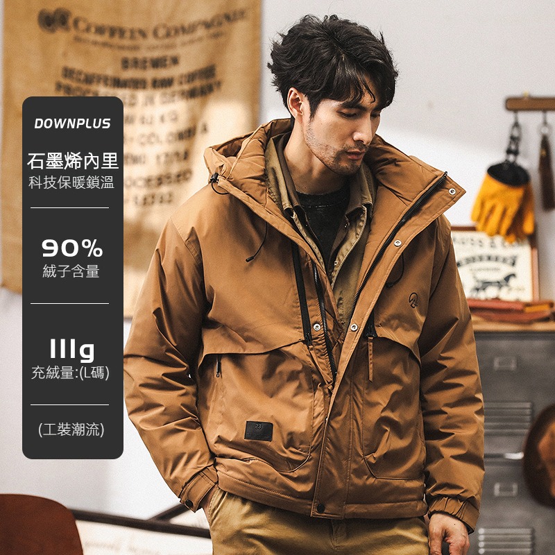 美式復古90灰鴨絨工裝羽絨服男冬季寬鬆戶外機能工裝外套男秋冬款