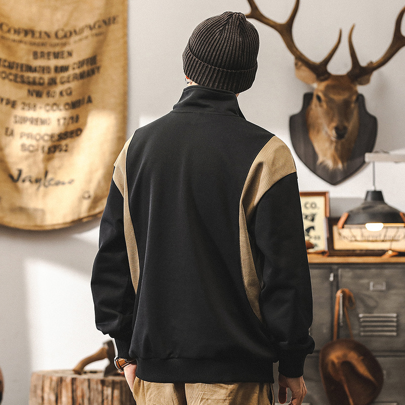 美式重磅復古黑色衛衣男秋季潮牌拼接設計半拉鍊潮流男士寬鬆上衣