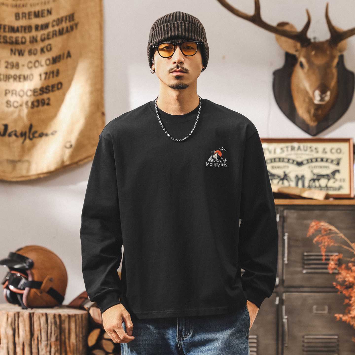 美式山系復古長袖t恤男秋季2025新款寬鬆大碼男裝重磅純棉上衣男T