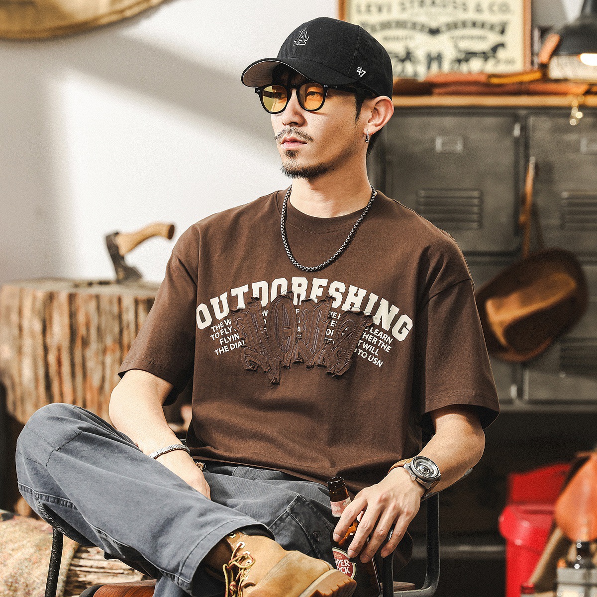 美式復古T恤夏季刺繡短袖男款2025新款寬鬆潮牌貼布印花上衣