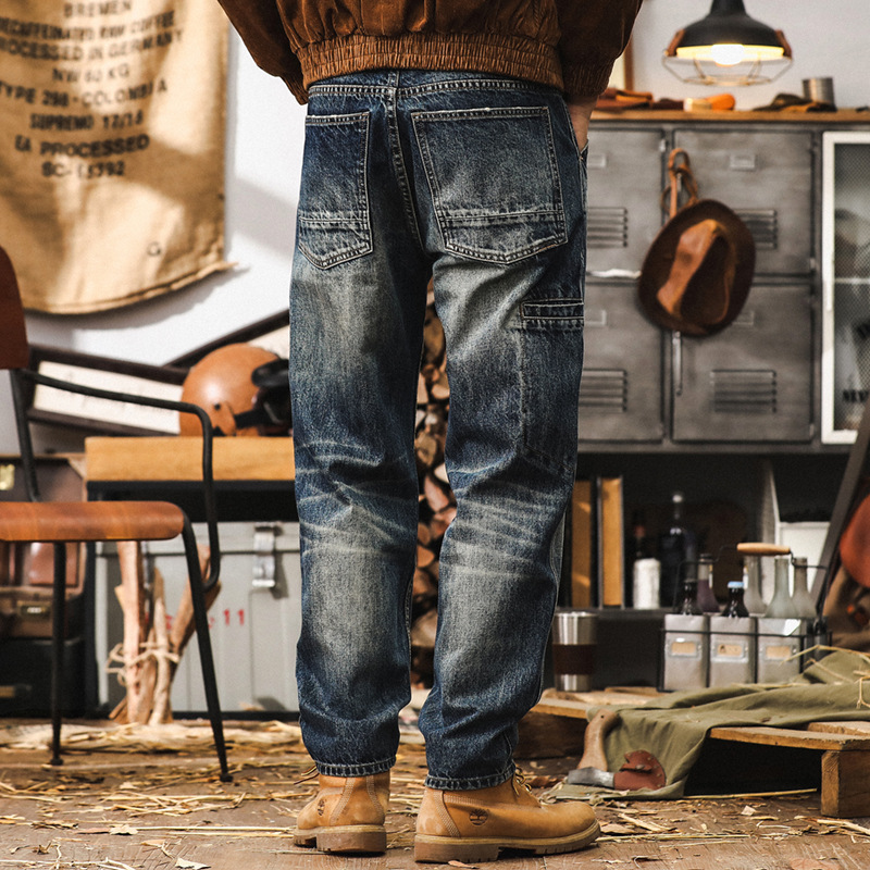 美式復古重磅做舊秋季牛仔褲男寬鬆直筒工裝褲子男潮牌休閒長褲男