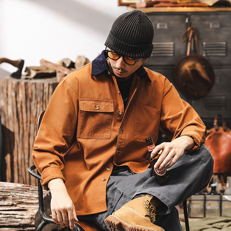 16支磨毛工裝襯衫男春季2025新款美式復古戶外阿美咔嘰襯衣男