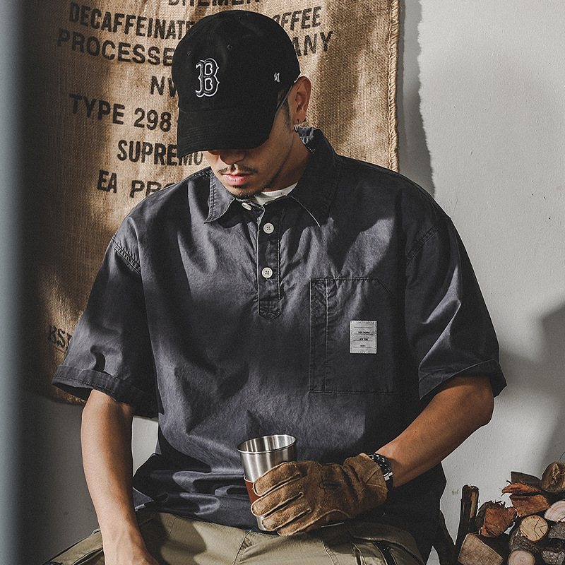 美式重磅復古水洗短袖polo衫男夏季潮牌廓形寬鬆日系T恤男潮