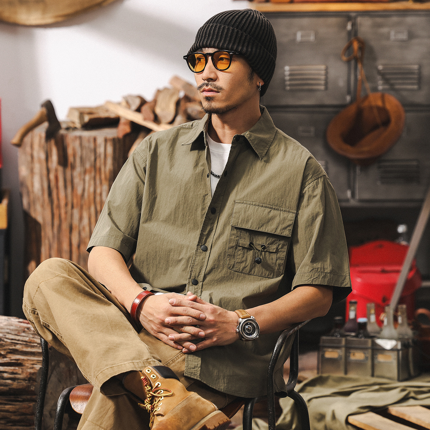 美式復古戶外機能短袖男夏季襯衫男士休閒外套山系遊獵半袖襯衣男