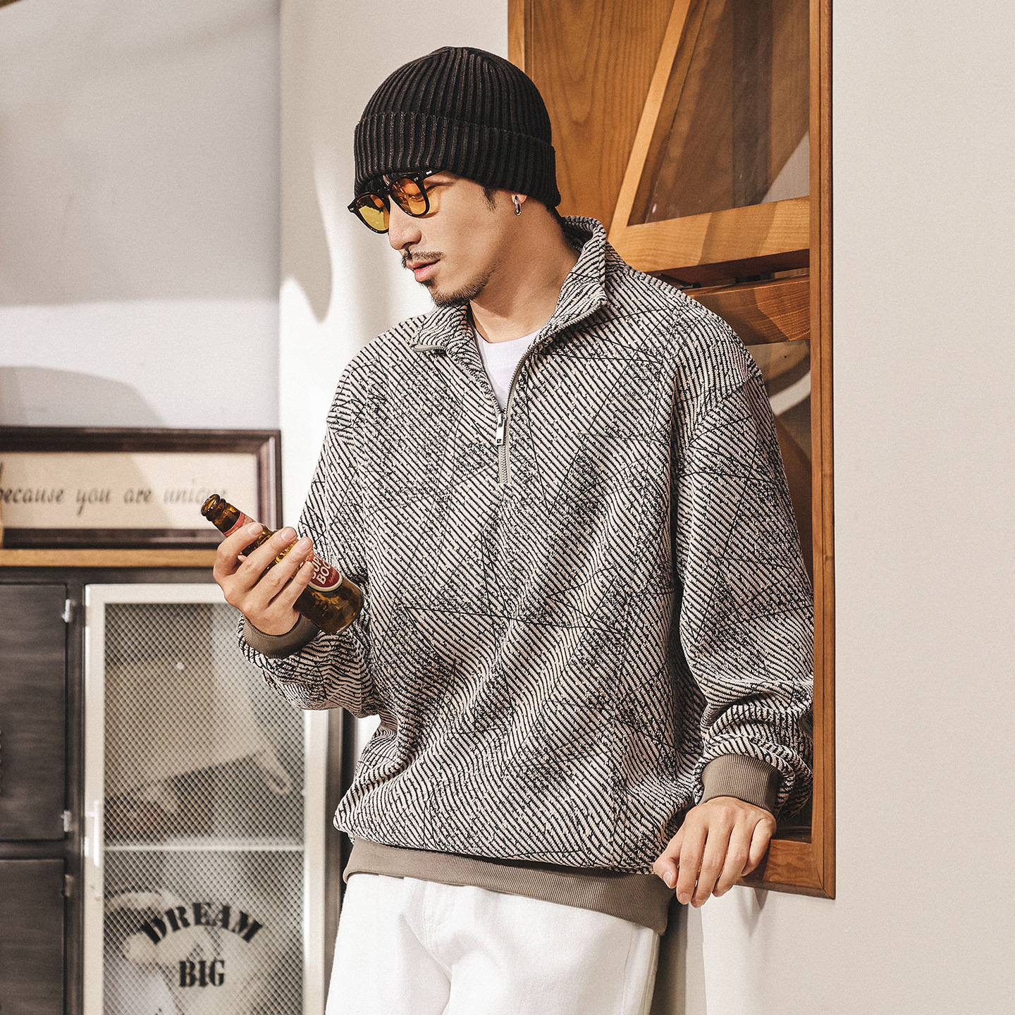 美式復古330g重磅半拉鏈男士衛衣春秋2025新款潮流提花寬鬆上衣男